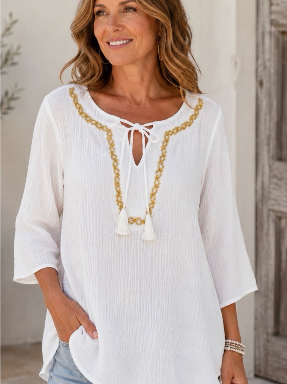 NWT XXL JM COLLECTION white gauze mid-weight luxurious top gold beading boho